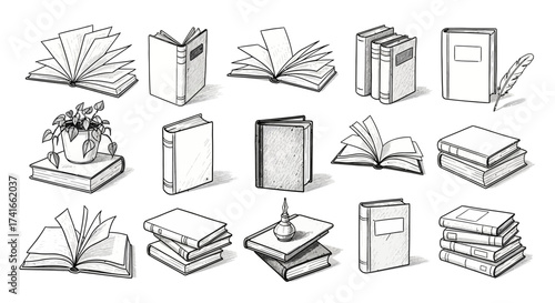 Collection of Sketch Drawings Depicting Various Open and Closed Books Along with Related Objects