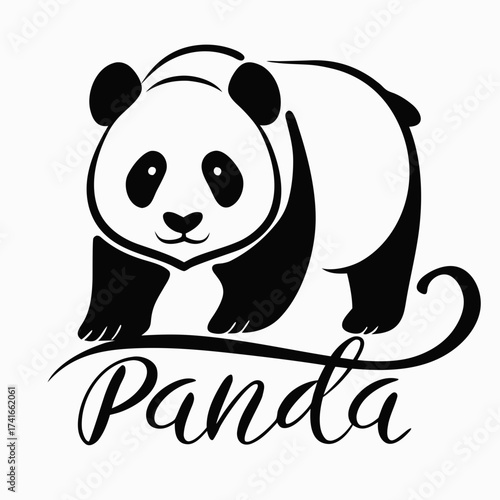 Panda illustration with script text in black and white  