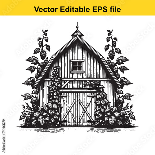 Vector art of black and white illustration of a barn with hop vines
