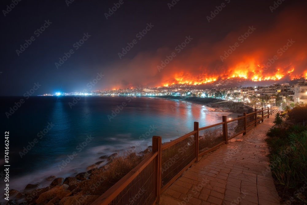 Fototapeta premium Nature's duality: wildfire and calm sea clash on greek coast. Na