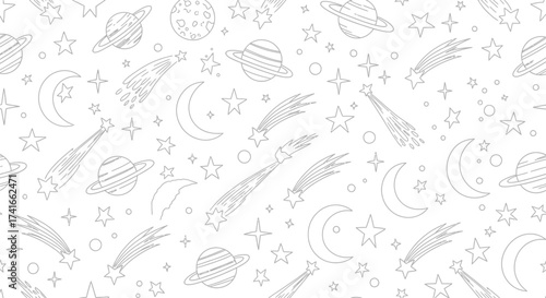 Whimsical Hand Drawn Space Pattern Featuring Planets Stars Moons and Shooting Stars on a White Background for Kids Designs