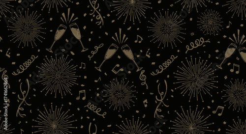 Sparkling Golden Fireworks and Champagne Toast Celebration Pattern Design on Black Background for Festive Occasions and Holidays