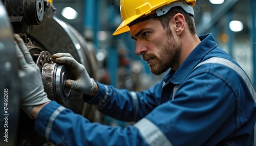 Male mechanic wears hard hat, blue overalls examining large industrial machine part. Technician checks equipment for wear, tear in factory setting. Worker maintains heavy duty machinery for optimal