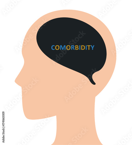 Comorbidity psychology. Illustration of a human head profile showing the concept of comorbidity inside the brain, representing mental and physical health connection, psychology, and medical awareness.