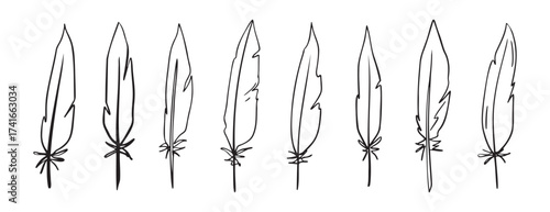 feather pen doodle hand drawn icon set. Outline drawing feather pen line clipart symbol collection
