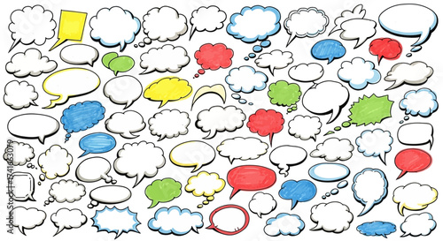 A Multitude of Hand Drawn Speech Bubbles in Various Shapes Sizes and Colors Displayed Across a White Background