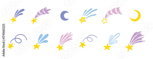 shooting stars doodle set. stars and moon isolated vector childish naive hand drawn cartoon illustration