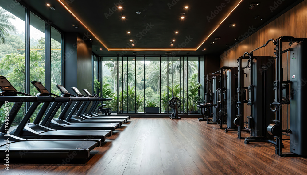 Fototapeta premium Modern gym interior with treadmills weight machines and large windows overlooking rich green trees. Dark tones and wood accents create a sophisticated fitness space. High tech equipment for workout.