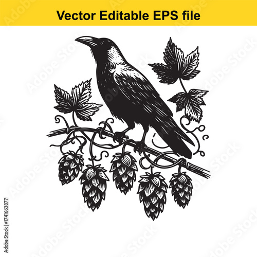 Vector art of black crow perched on a branch with hops