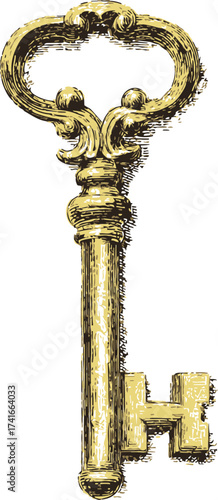 Antique skeleton key sketch, hand drawn ornate vintage style with intricate bow — stock vector