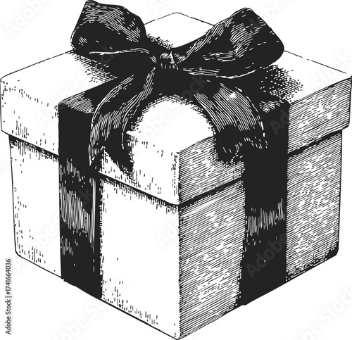 Gift box sketch, hand drawn style with ribbon and bow, vintage engraving — stock vector