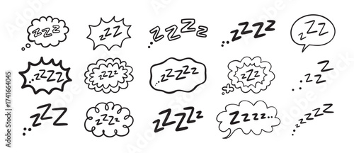 Zzz Zzzz bed sleep snore sound bubble set, snooze nap Z sound icon cloud set. Sleepy Zzz doodle hand drawn line icons