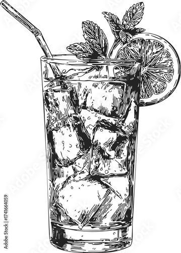 Iced drink sketch, hand drawn glass with ice cubes, lemon slice, mint, and straw — stock vector