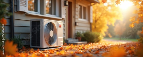 Air source heat pump unit outside house. Autumn leaves carpet ground. Sun shines through yellow trees. Renewable energy eco tech for home heating.