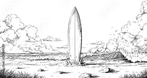 Surfboard sketch hand drawn on beach with ocean waves and clouds — stock vector