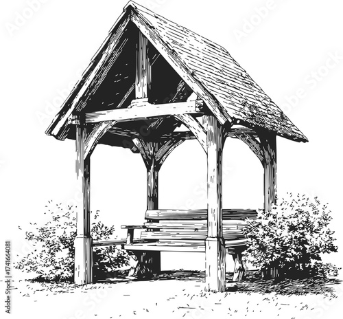 Wooden gazebo sketch, hand drawn rustic garden shelter with bench and bushes — stock vector