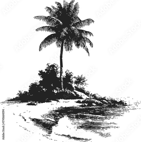 Palm tree island sketch, hand drawn tropical beach with shoreline and foliage — stock vector