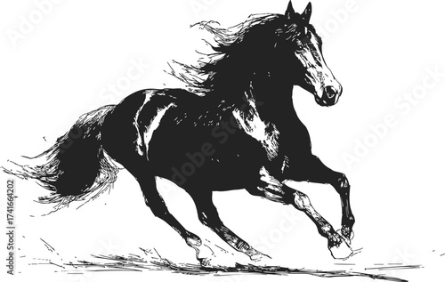 Black horse sketch, hand drawn style, running with flowing mane — stock vector