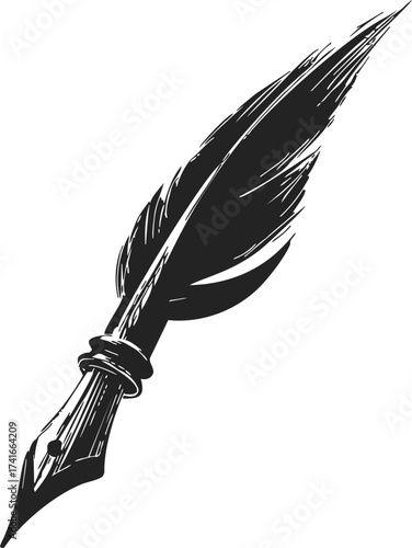 Quill pen sketch, hand drawn feather with classic nib, vintage writing tool — stock vector