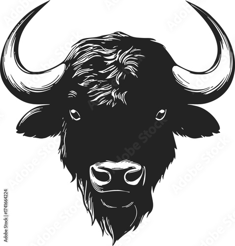 Bison head sketch hand drawn front view with large horns — stock vector