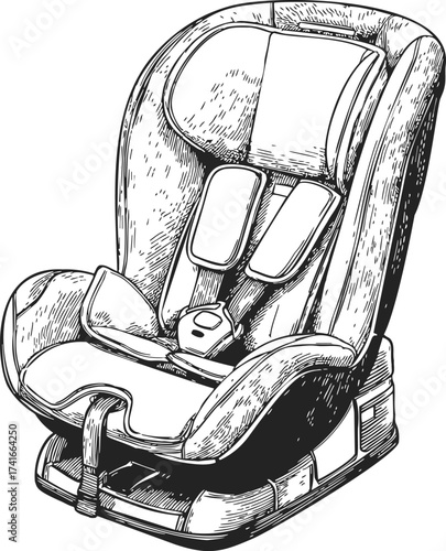 Child car seat sketch, hand drawn style, detailed safety harness and padding — stock vector