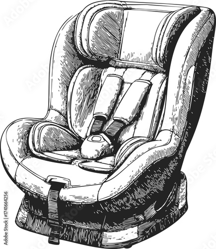 Car seat sketch, hand drawn vector, detailed safety seat with harness and padding — stock vector