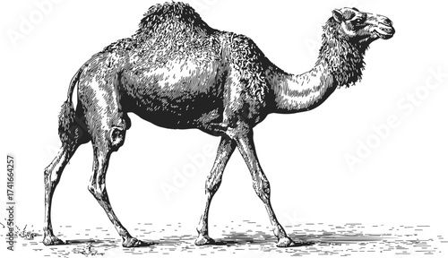 Camel sketch hand drawn side view detailed fur desert animal — stock vector