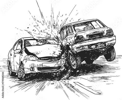 Car crash sketch, hand drawn vector of two vehicles colliding on road — stock vector