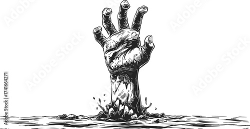 Zombie hand sketch, hand drawn style, rising from ground with dirt splatter — stock vector