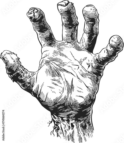 Zombie hand sketch, hand drawn style, reaching upward with detailed texture — stock vector