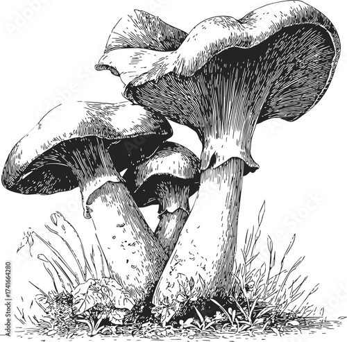 Mushrooms sketch hand drawn forest fungi with grass and plants — stock vector