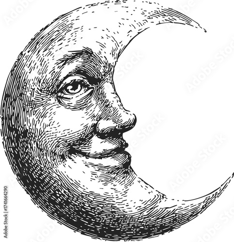 Crescent moon face sketch, hand drawn vintage engraving style, smiling celestial character — stock vector