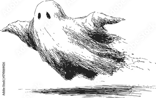 Ghost sketch hand drawn flying spirit with tattered sheet and shadow — stock vector