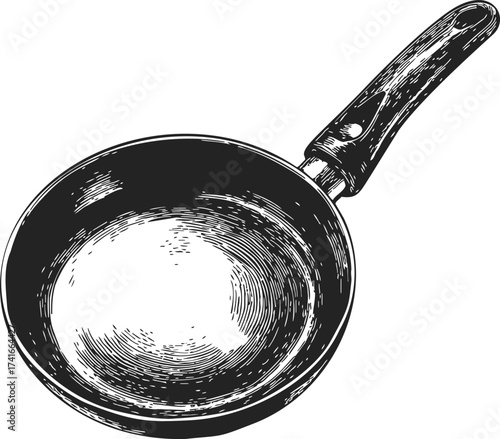 Frying pan sketch hand drawn kitchen utensil with wooden handle — stock vector