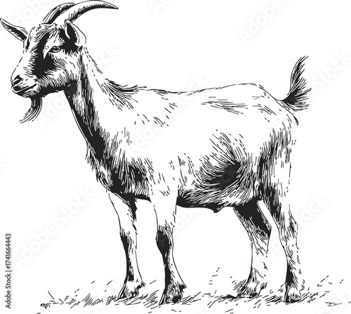 Goat sketch hand drawn standing farm animal black and white illustration — stock vector