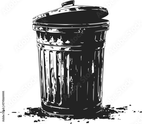 Trash can sketch hand drawn style with open lid and scattered debris — stock vector