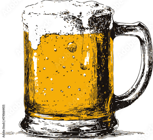 Beer mug sketch hand drawn with frothy lager and bubbles — stock vector