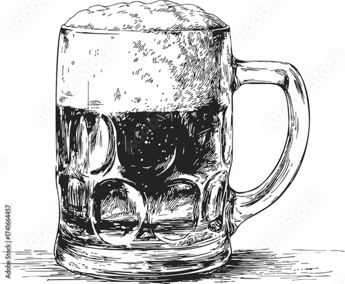 Beer mug hand drawn sketch with foam and handle — stock vector