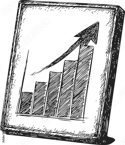 Bar chart sketch hand drawn with upward arrow on display — stock vector
