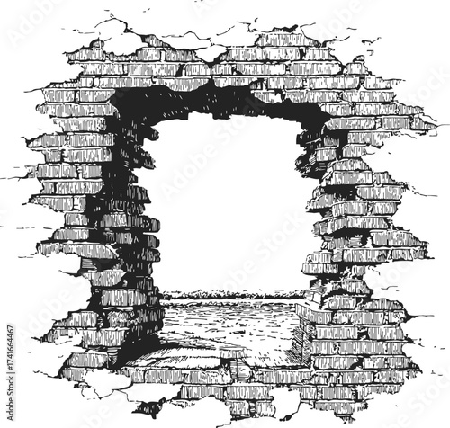 Brick wall large hole sketch, hand drawn crumbling masonry with rough edges — stock vector