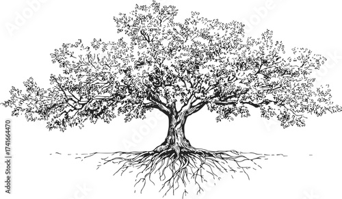 Tree sketch hand drawn with detailed roots and leafy branches — stock vector