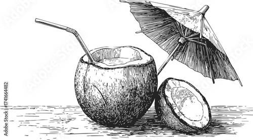 Coconut drink sketch with straw and umbrella, half coconut beside on table — stock vector