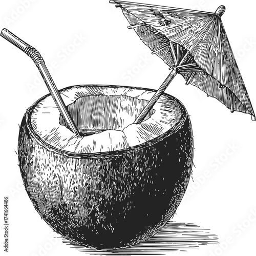 Coconut drink sketch, hand drawn with straw and umbrella, tropical beverage scene — stock vector