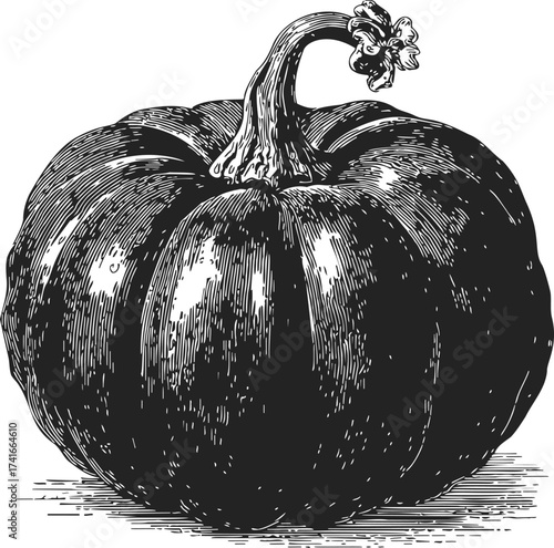 Pumpkin sketch hand drawn detailed botanical illustration with stem — stock vector