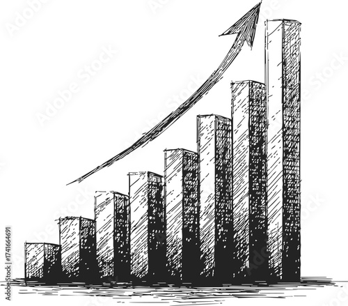 Bar chart sketch hand drawn with upward arrow showing growth trend — stock vector