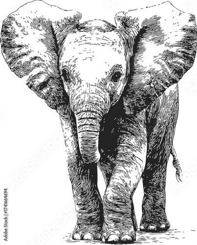Elephant sketch hand drawn style detailed walking front view — stock vector