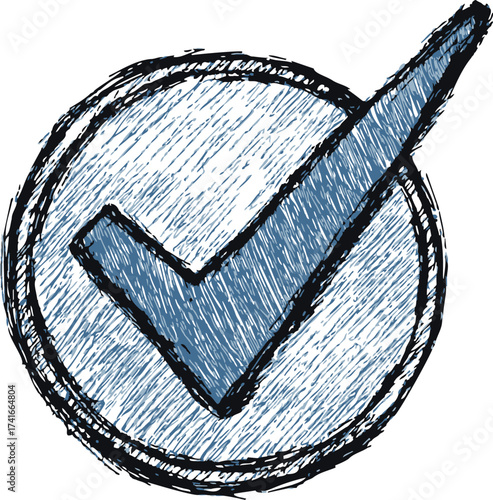 Check mark sketch hand drawn blue tick inside rough circle — stock vector
