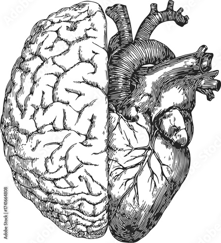 Brain and heart sketch, hand drawn anatomical fusion, black and white line art — stock vector
