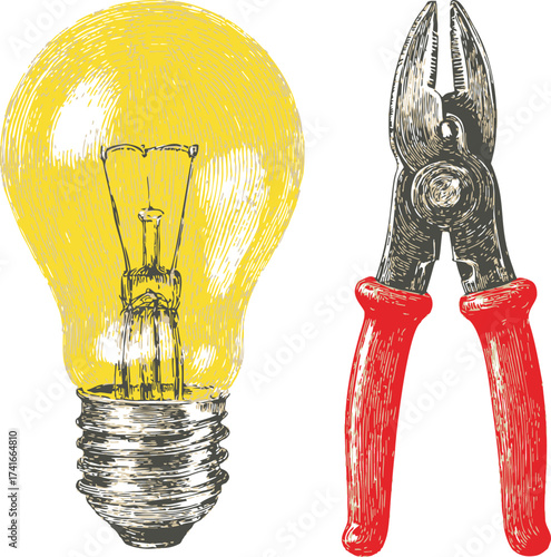 Light bulb and pliers sketch, hand drawn style, isolated on white — stock vector
