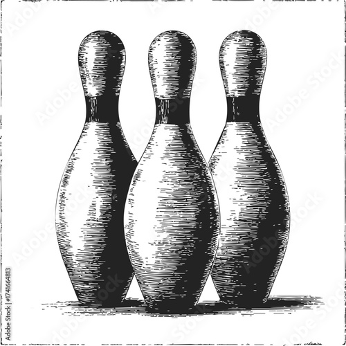 Bowling pins sketch hand drawn trio isolated on white background — stock vector